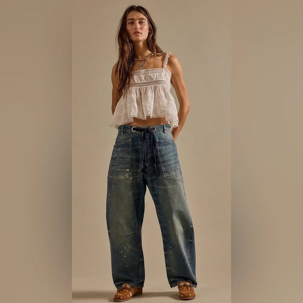 Free People Distressed Moxie Pull-On Barrel Jeans - Picture 3 of 7